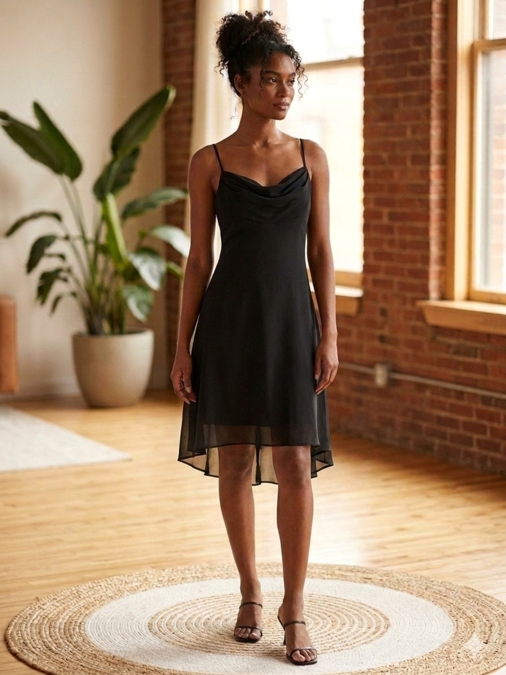 Vintage 90s Black High-Low Cowl Neck Slip Dress Spaghetti Straps Minimalist M